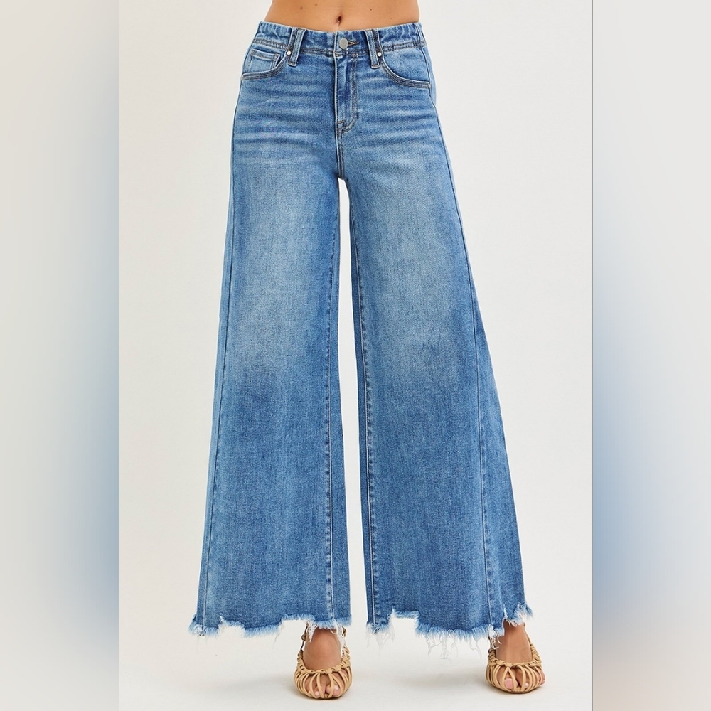 Risen High Rise Slim Fit Ultra Wide Leg Jeans Retro Frayed Raw Hem Denim Pants - Picture 9 of 15
